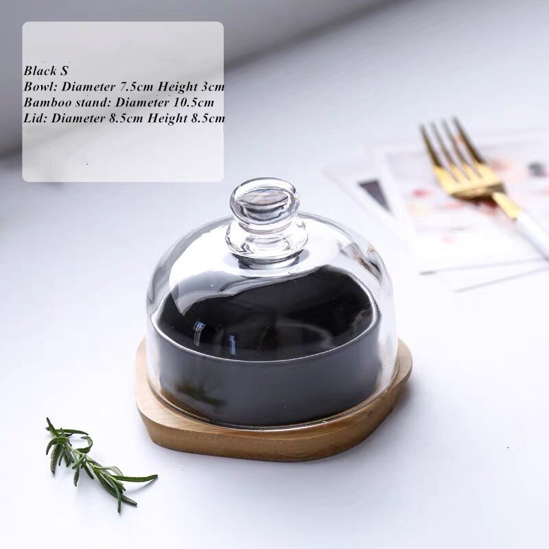 Nordic Ceramic Dessert Bowl Snack Dish Taste Fruit Plate Salad Ice Cream Bowl with Bamboo Tray Glass Cover Tableware: 1pcs-60ml B