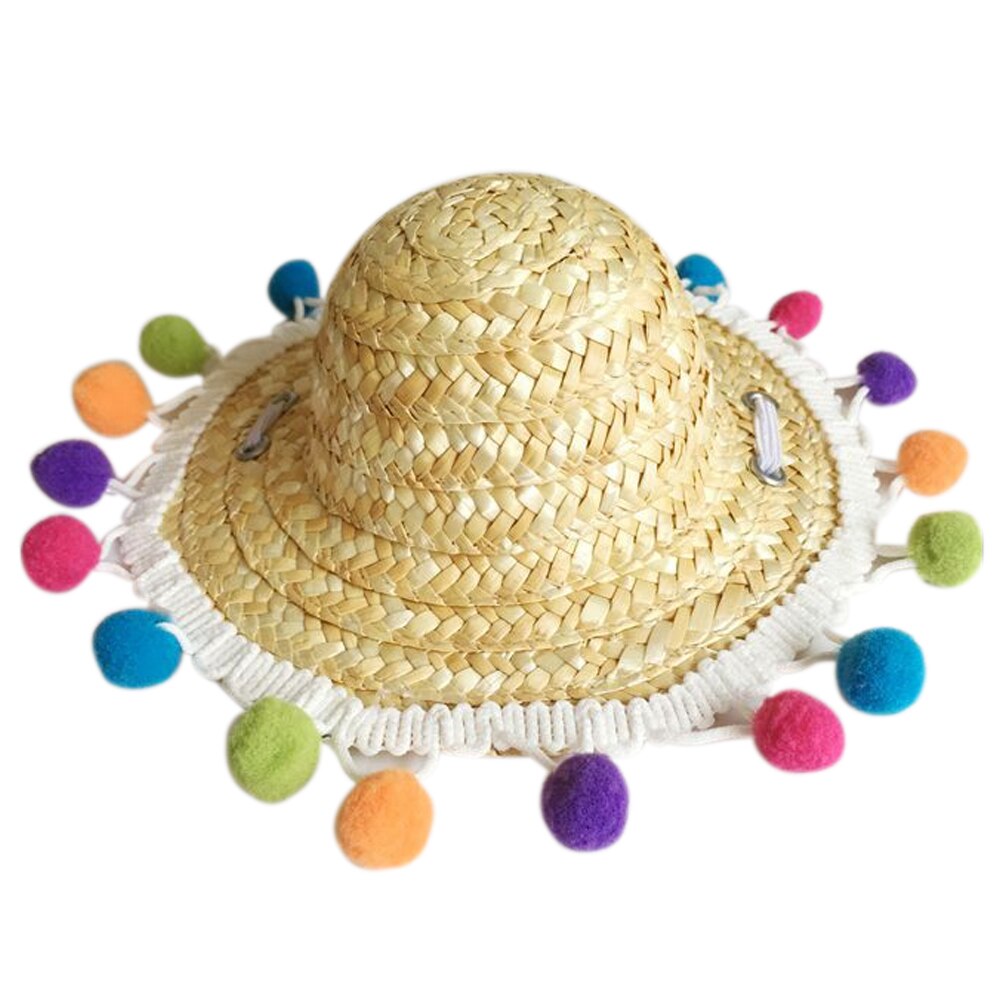Behogar śmieszne słodkie zwierzęta domowe są słomy tkane kapelusz przeciwsłoneczny z kolorowe kulki dla małych psów kot kotek szczeniak festiwal urodziny impreza dostaw: C