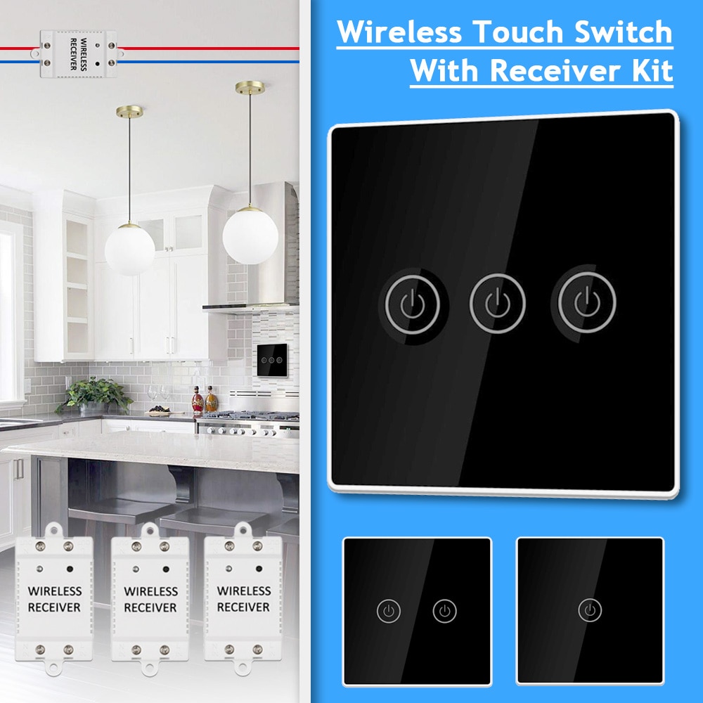 Wireless Smart Touch Switch Light Controller with 1/2/3 Receiver 30m Remote Control 1/2/3 Gang Lamp Wall Panel Button Receiver