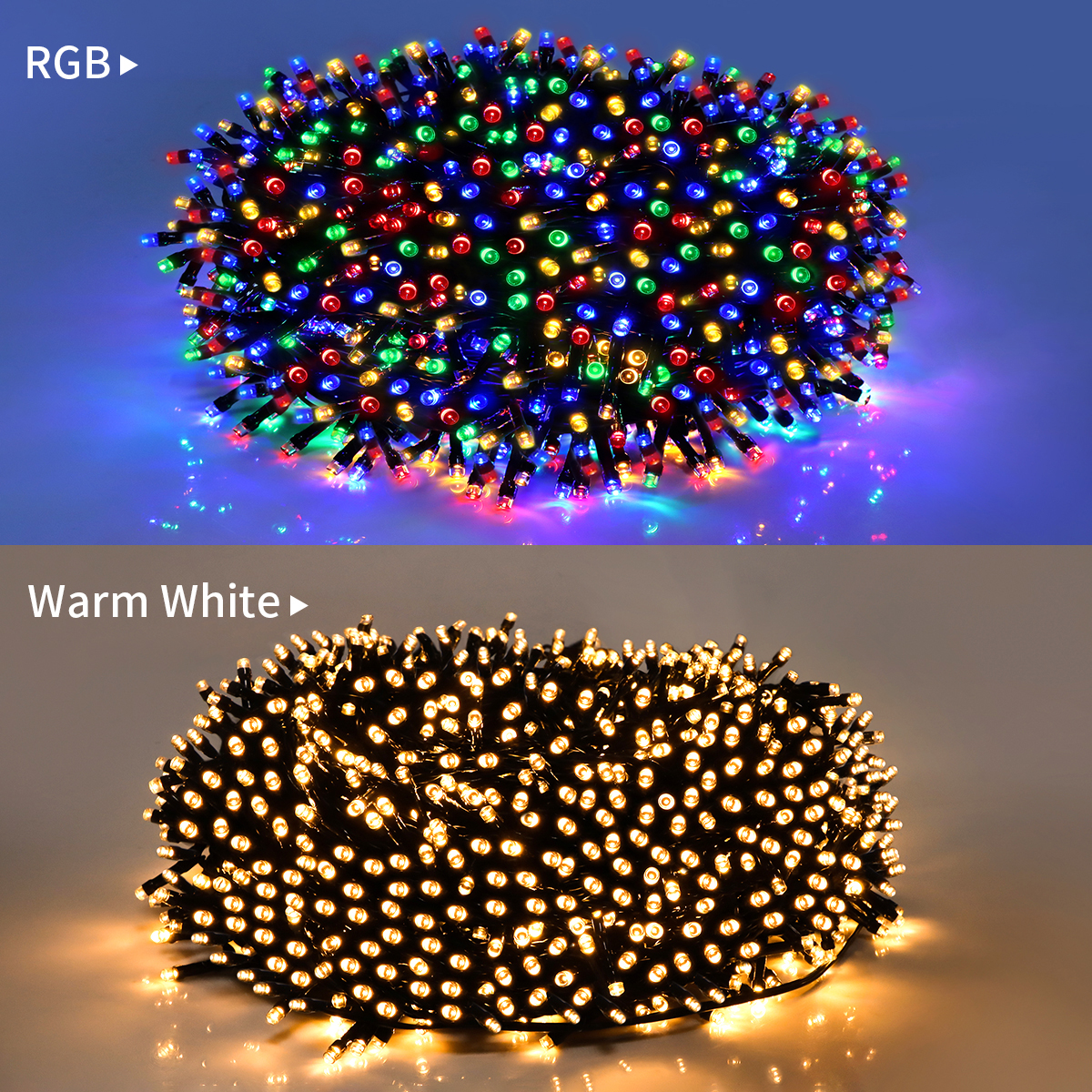 Solcelle-lyskæde 50m IP65 - Fjernbetjening 8 Modes - LED Varm Hvid/RGB - Til Have, Gårdhave, Bryllup