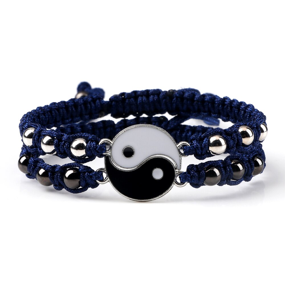 2 unids/set de pulsera trenzada Yin Yang Tai Chi, abalorio negro y blanco, pulseras ajustables a juego para parejas y joyería para amantes de la distancia Blangle: Navy Blue