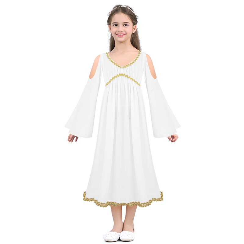 IIXPIN Kids Girls Greek Halloween Costume Aphrodite Athene Cosplay Long Sleeves V-neckline Gold Trim Role Play Dress