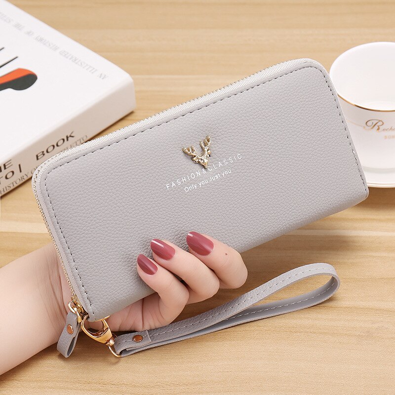 Womens Clutch Wallets PU Leather Purses Female Wristband Leaf Print Long Women Purse Large Capacity Bag Women Wallet: C079-25 Gray