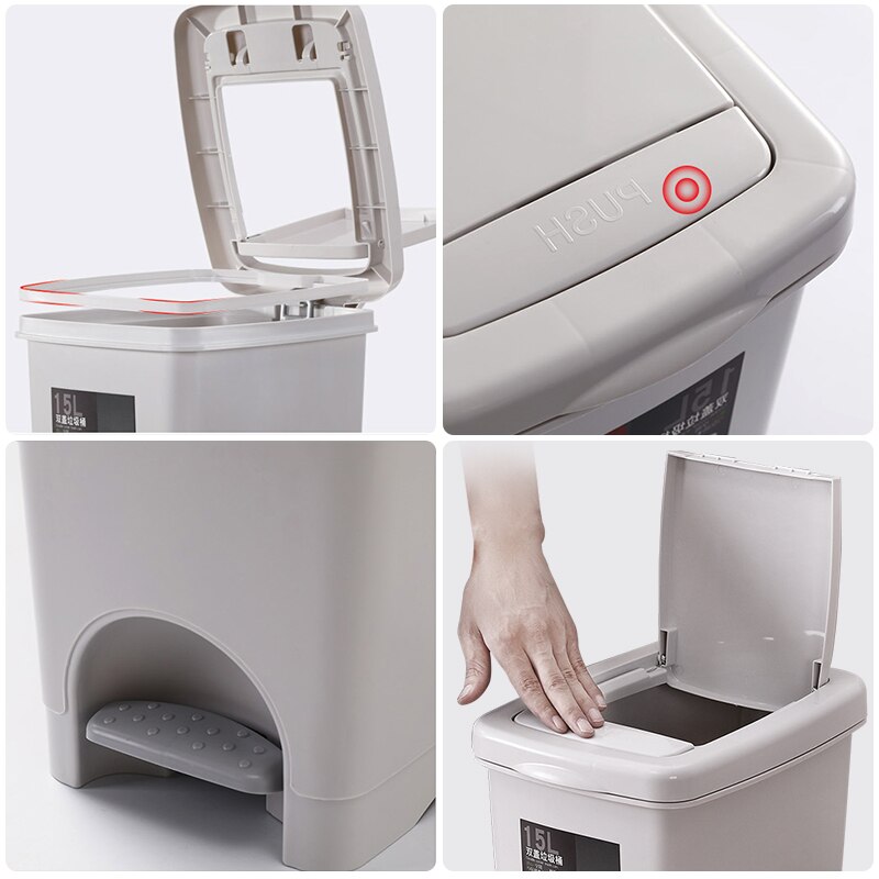 Cubo de basura de plástico tipo de presión cubo de basura de gran tamaño cubos de basura cuadrados Pedal de pie hogar cubo de basura