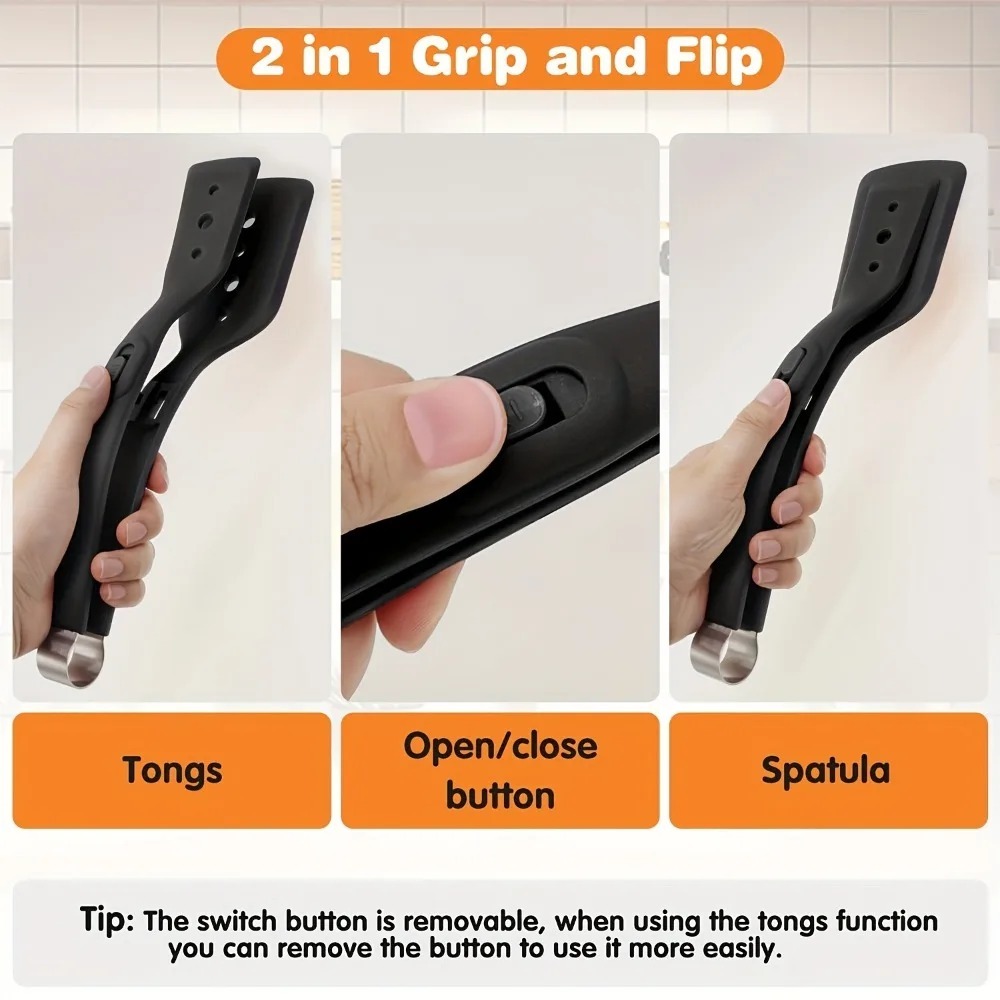 2 in 1 Stainless Steel Cooking Tongs with Silicone Tips Heat Resistant Non Stick for BBQ Steak Fish Pancakes Kitchen Tools
