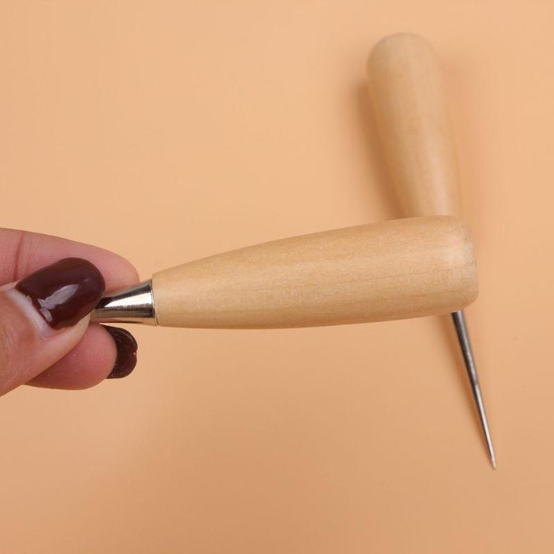 Handmade Leather Awl Solid Wood Handle DIY Sewing Awl Needles Shoes Repair Tool Needle Leather Tool sewing accessories E5M1