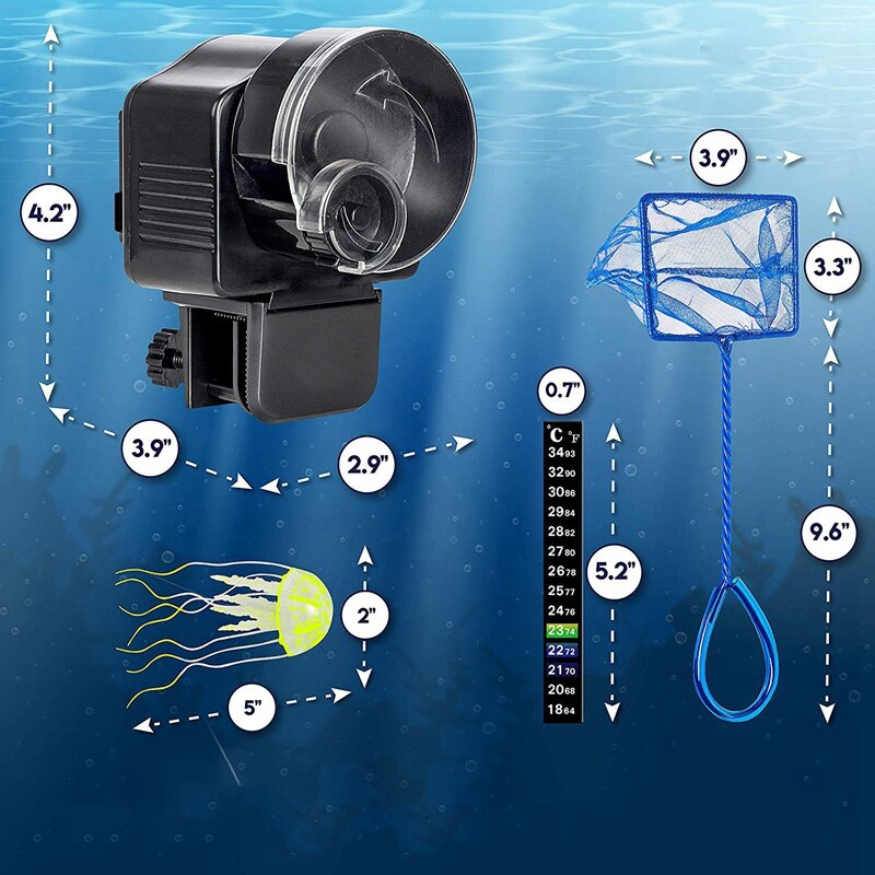 Automatische visvoederbak, aquariumvoeder, visvoer, vakantievoeder, automatische voederunit + net voor aquarium, thermostaat en kwallen