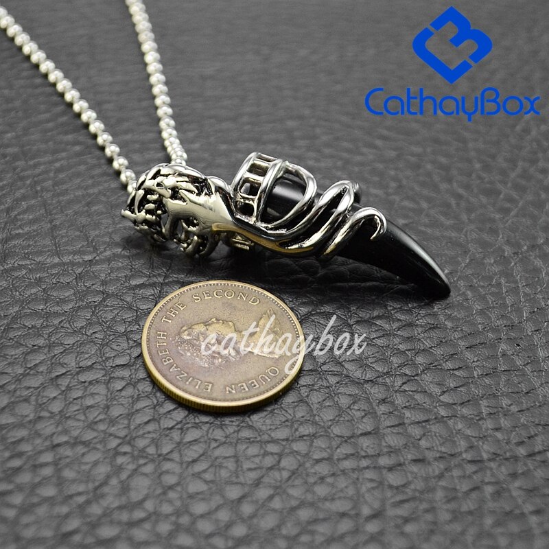 Black Enamel Stainless Steel Wolf Tooth Horn Charm Pendant Necklace W/SSChain 60cm