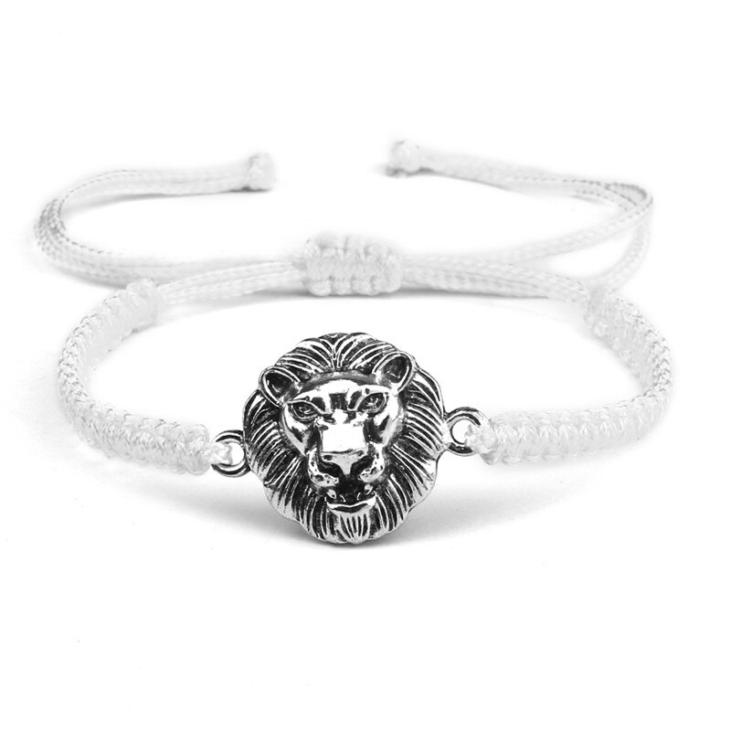 Vintage Leeuwenkop Bedelarmband Handgemaakte Geweven Rood Zwart Knopen Touw Verstelbare Armbanden En Armbanden Voor Vrouwen Mannen Paar Sieraden: White and silver