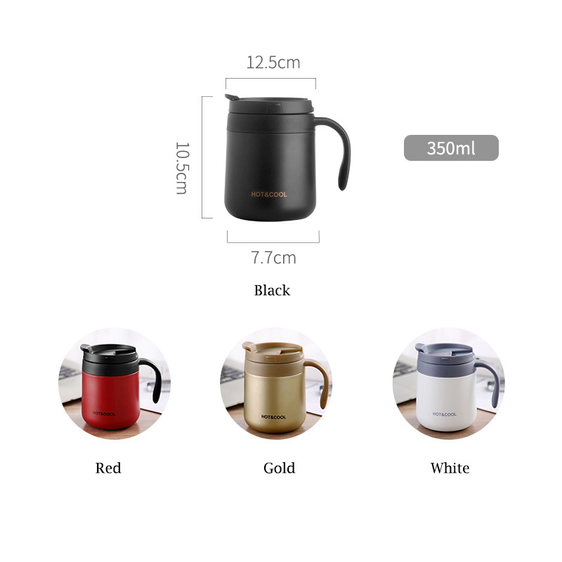 Kort kaffe termosmugg 350ml för vatten te juice isolerad kolv rostfritt stål med lock handtag kopp kontor hem