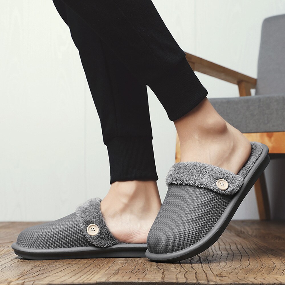 Zapatillas de EVA impermeables para hombre, pantuflas calientes de felpa informales para interior, de algodón, pantuflas para el hogar, invierno,