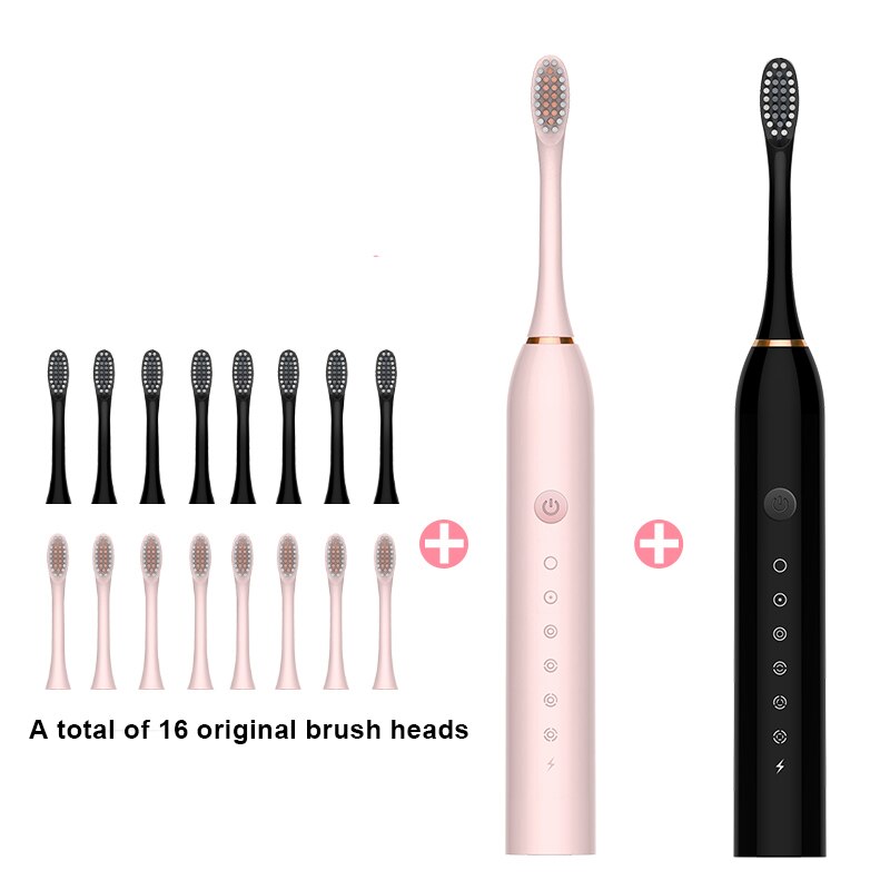 Sonic Electric Toothbrush Ultrasonic Automatic USB Rechargeable IPX7 Waterproof Whitening Teeth Tooth Brush Head Holder Adult: black pink 8 head