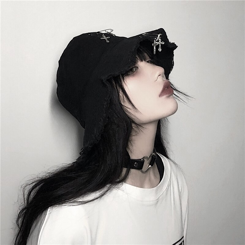 Ins harajuku stil mørk sort kryds sommer fiskehat hip hop kasket foldbare bøttehatte mænd og kvinder streetwear