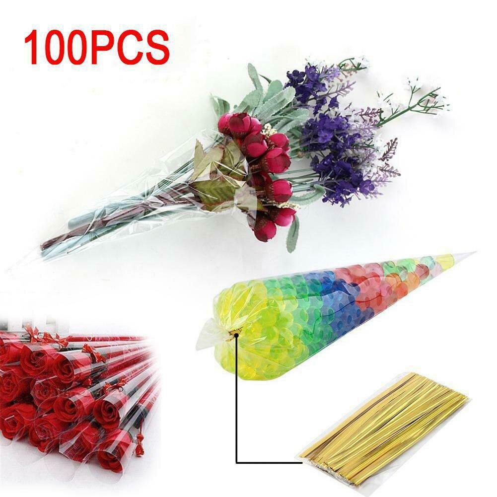100pcs Plastic Sweets Candy Packing Bags Wedding Birthday Party Decoration Sweet Cellophane Candy Bag Cone Storage Packaging Bag