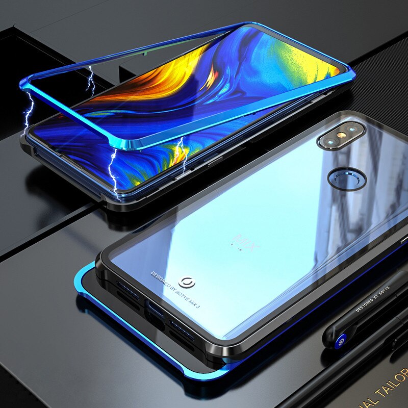 Magnetic Adorption Metal Bumper Glass Case For coque Xiaomi Mi Mix 3 Case Shockproof Hard Back Glass Cover For Xiaomi Mix3 Case: Black Blue / No Retail Box