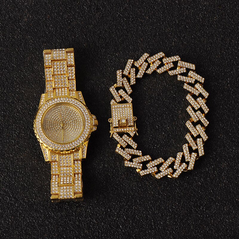 Hüfte hüpfen Halskette + Uhr + Armbinde Bling vereist aus Miami Zirkon Kubanischen Zinke Gepflasterte Strass Armbinde Halskette Für Männer schmuck: Gold Uhr Braclet