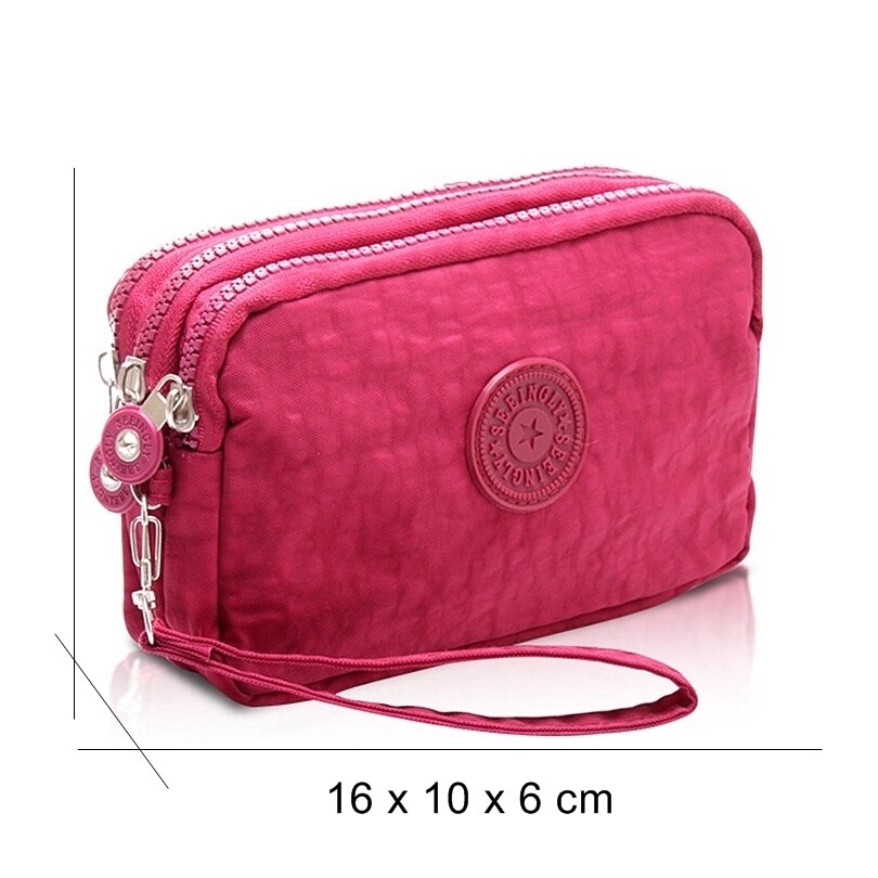 Coin Purse Women Small Wallet Washer Wrinkle Fabric Phone Purse Three Zippers Portable Make Up bag