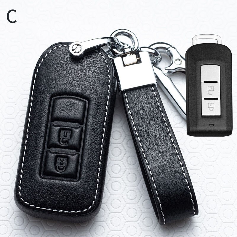 Leather Car Key Case Cover for Mitsubishi Outlander Lancer 10 Pajero Sport EX ASX RVR Colt Grandis L200 Smart 2 3 Button Case: C-black