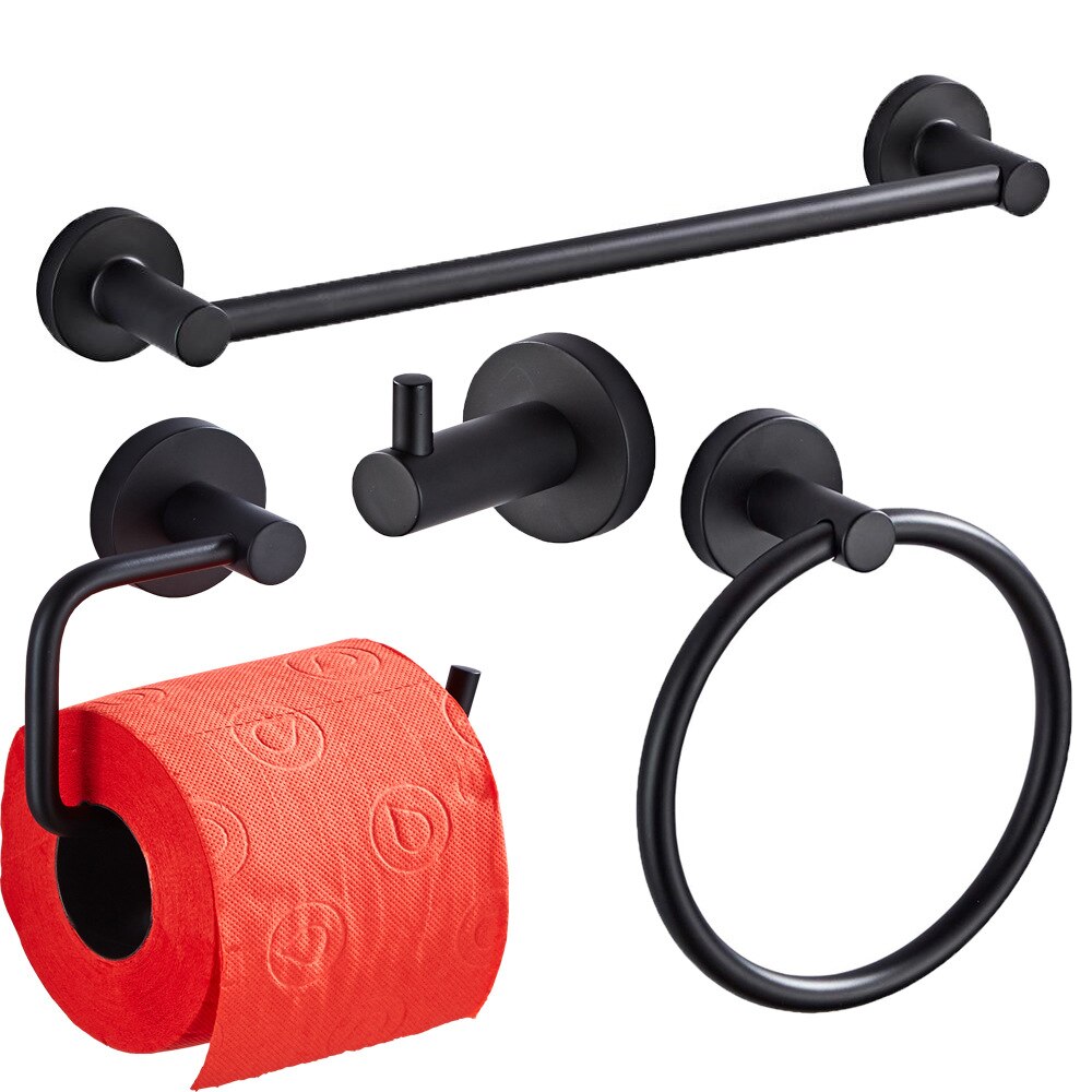 Juego de accesorios de baño ELLEN, soporte de papel higiénico negro, soporte para toalla, gancho para bata, anillo de TiweL, accesorios de baño ELF2300: 4-piece set
