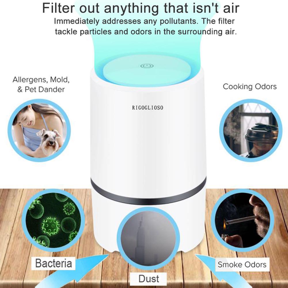 RIGOGLIOSO Air Purifier Air Cleaner for Home HEPA Filters 5V USB Cable Low Noise Air Purifier with Night Light Desktop GL2103