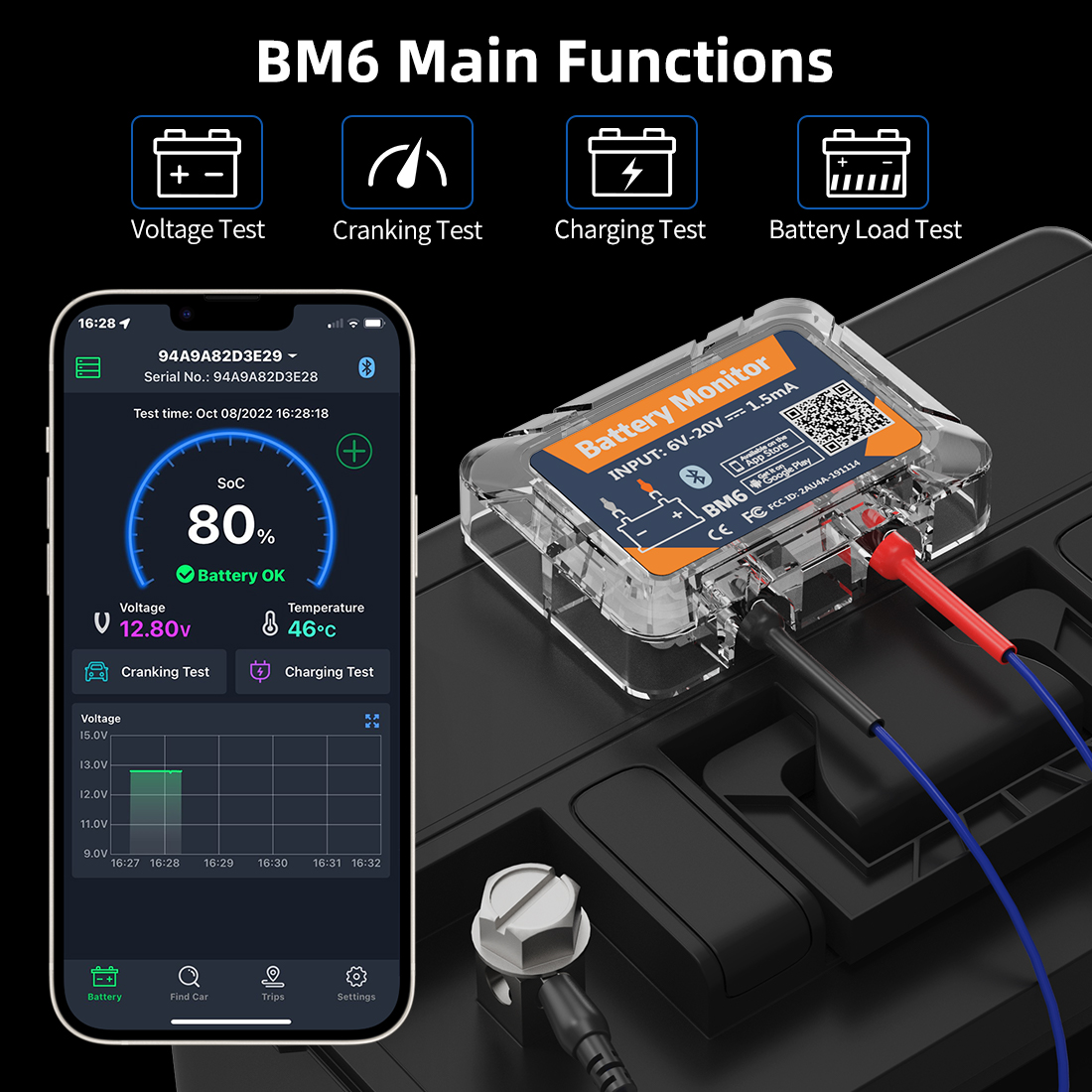 BM6-monitor de batería inalámbrico con Bluetooth 4,0, dispositivo de 12V con aplicación de control de salud, probador de batería para Android e IOS, en oferta