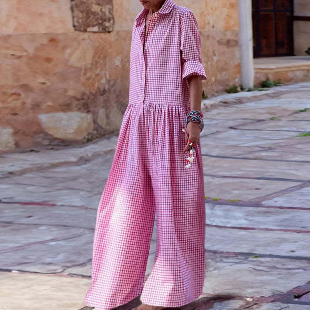 Zachte Jumpsuit Stijlvolle Ruitjesprint Dames Jumpsuit Met Lange Mouwen Wijde Pijpen Casual Losse Pasvorm Voor Een Modieuze Look Elastisch