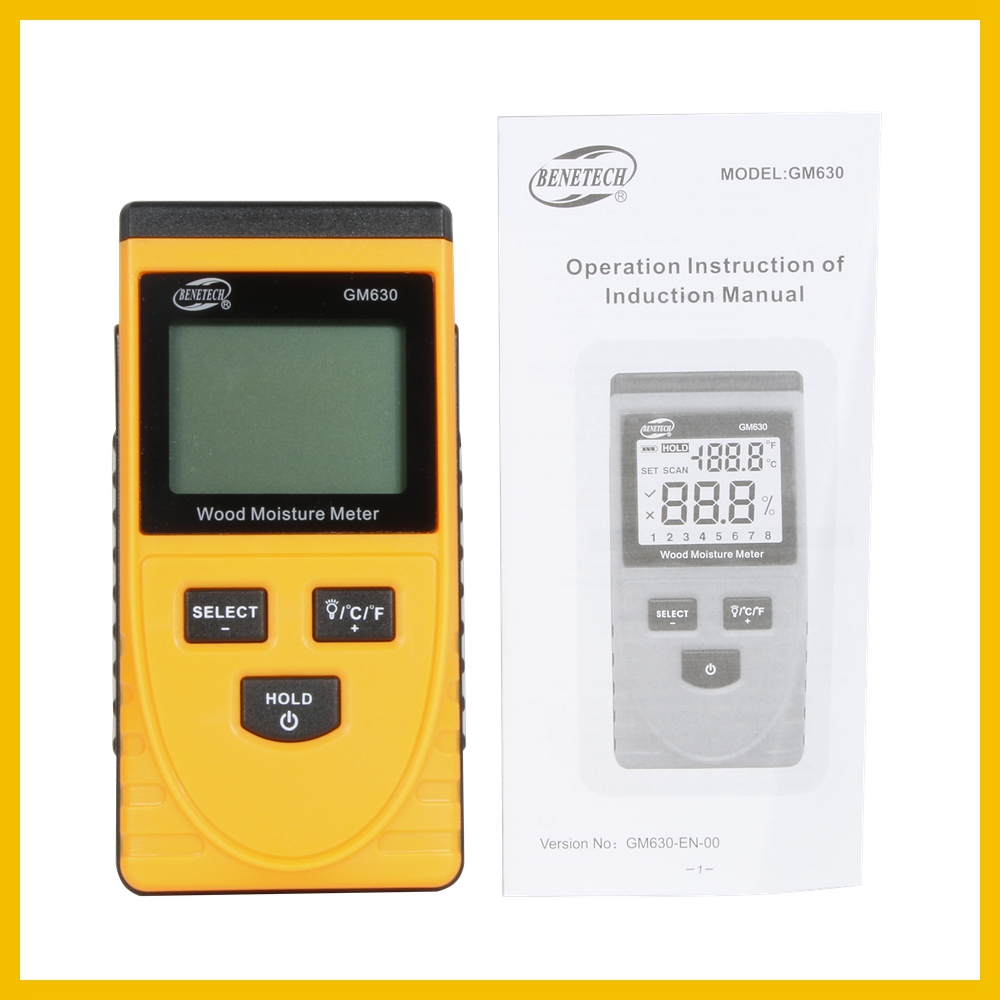 Digital induktion trä fuktighetsmätare träd virke fukthalt testare 0-50c trä termometer lcd bakgrundsbelysning  gm630- benetech