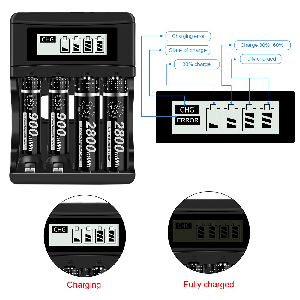 battery charger for aa 1.5v battery 4 slots with LCD display charger for aa aaa lithium 1.5v rechargeable battery
