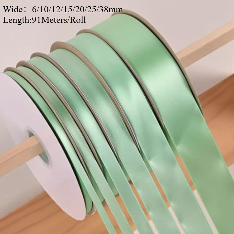 Panglică de satin din poliester verde mentă 6/10/15/20/25/38mm 91 metri, pentru cusut decorațiuni de crăciun cu funde lucrate manual, nuntă