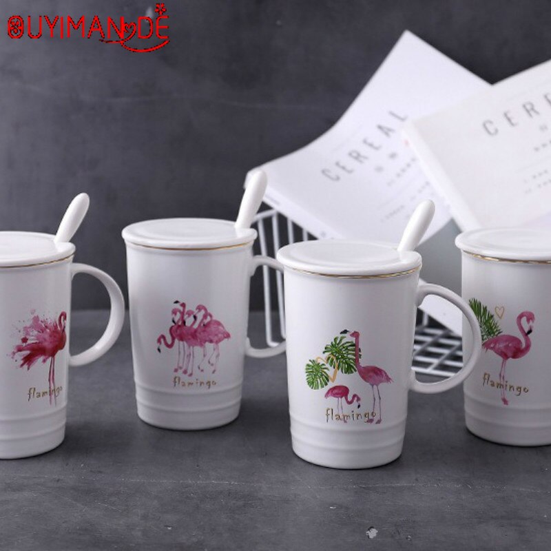 Tegneserie flamingo keramik kop nordisk stil guld kaffekop med låg med ske krus simpel kontor kaffe mælkekop