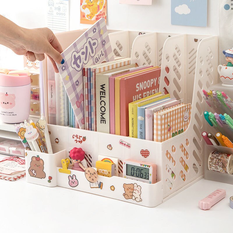 Kawaii Desk Organizer File Tray Desk Book Stand Office Desk Book Storage Box Bookends Book Shelf Stationery Organizer