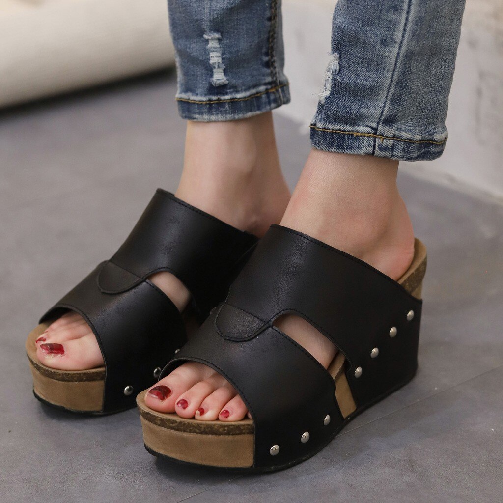 Sagace Vrouwen Slippers Hoge Hakken Slippers Vrouwen Klinknagel Strand Sandalen Boho Casual Schoenen Vrouwen Wiggen Schoenen Dikke Bodem Slipper: BK / 39