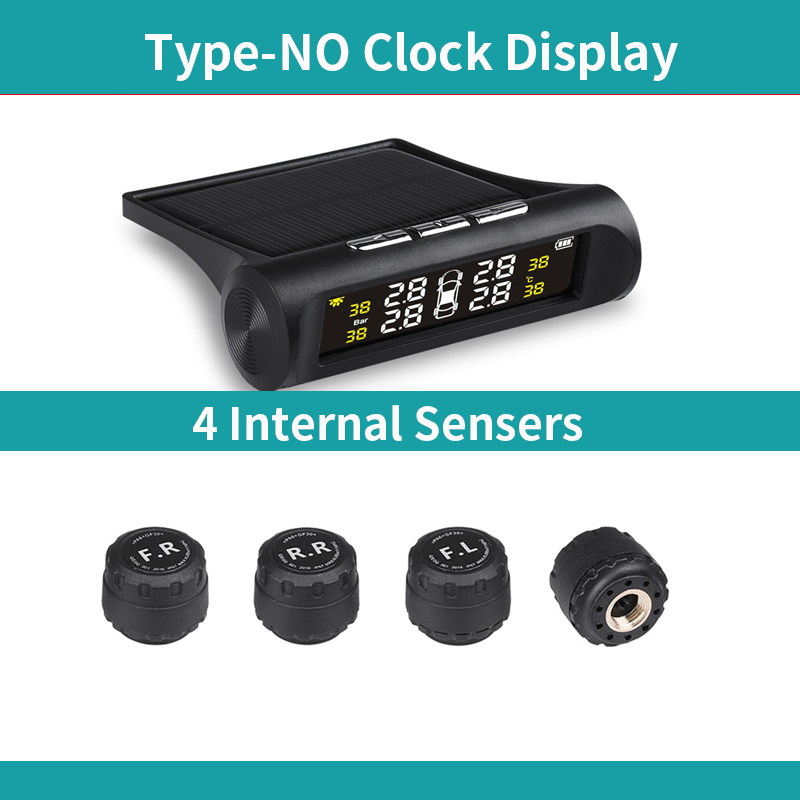 Wireless TPMS Time Display Car Alarm Tire Pressure Monitoring System Rotation Warning Solar Power Charge Inside/External sensors: No time Display