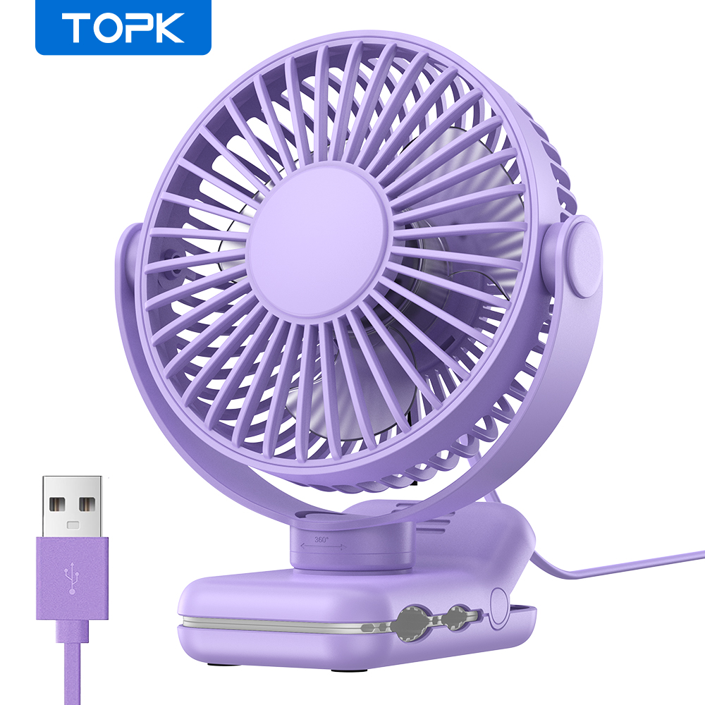 TOPK Mini ventilador portátil con clip, ventilador de escritorio USB, viento silencioso de 3 velocidades 720 ° Ventilador eléctrico personal giratorio, ventiladores de pie para habitación y hogar: Morado