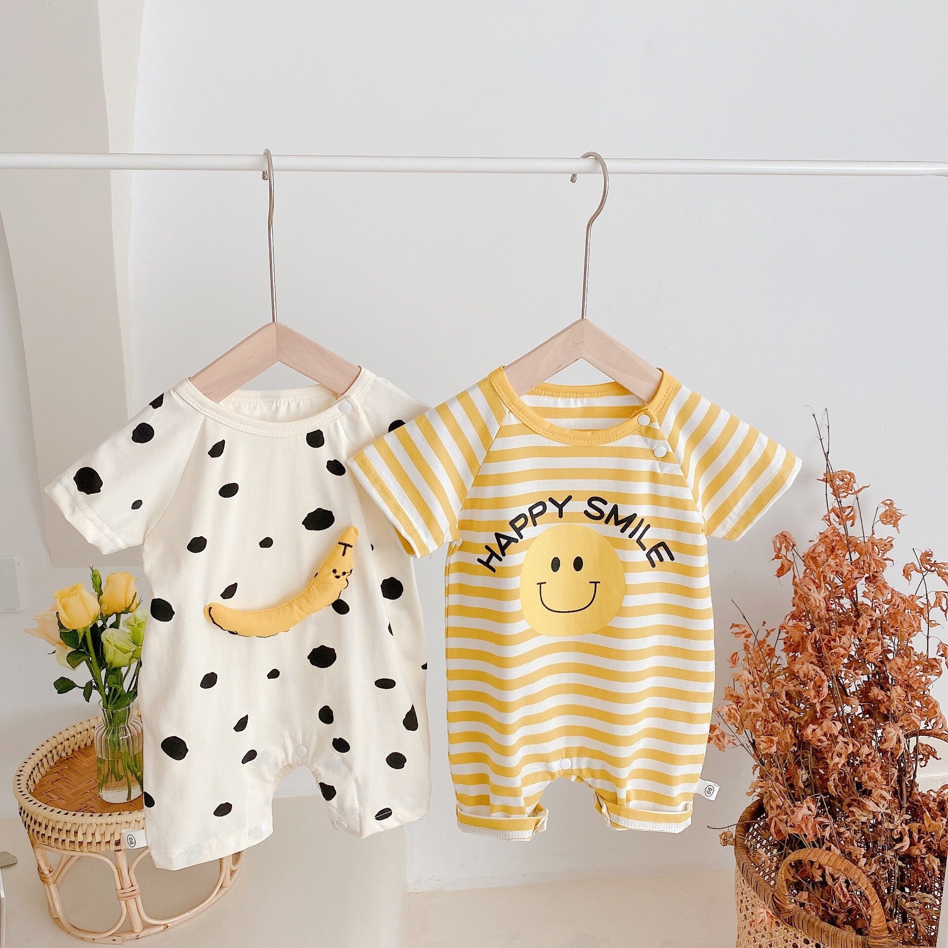 Neonato neonato ragazzi estate manica corta Dot Striped stereoscopico Banana tuta bambino bambini tute pagliaccetti 0-24M