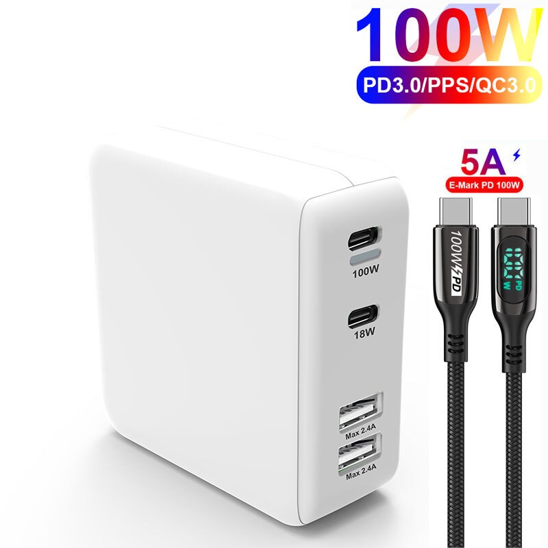 UTBVO 100W Fast Charger, 4-port USB C PD100W PPS 45W SCP Quick Charge for Laptop MacBook iPad Pro iPhone Samsung Huawei Xiaomi: Charger(W)-Cable / US and EU UK AU