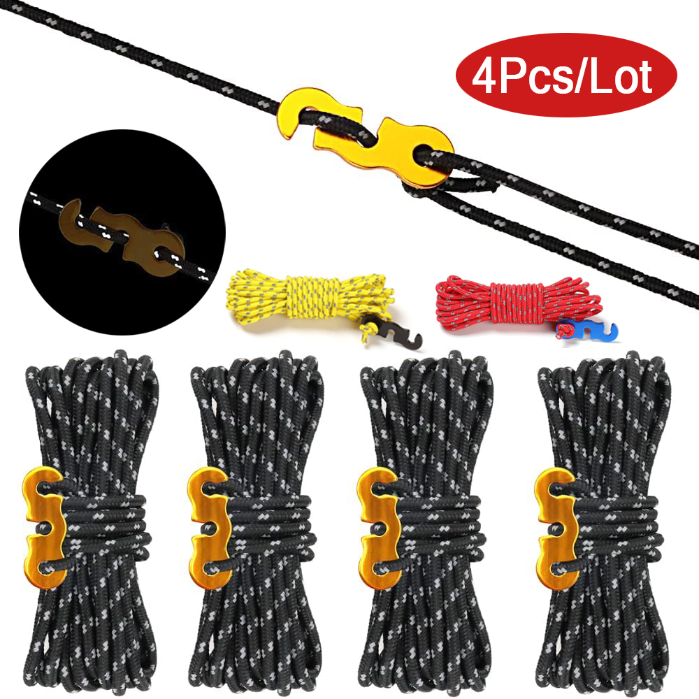 Cordes de tente réfléchissantes pour l'extérieur, 4 pièces, corde de Camping avec ajusteur de lignes en aluminium, pochette de tendeur pour auvent de bâche de tente