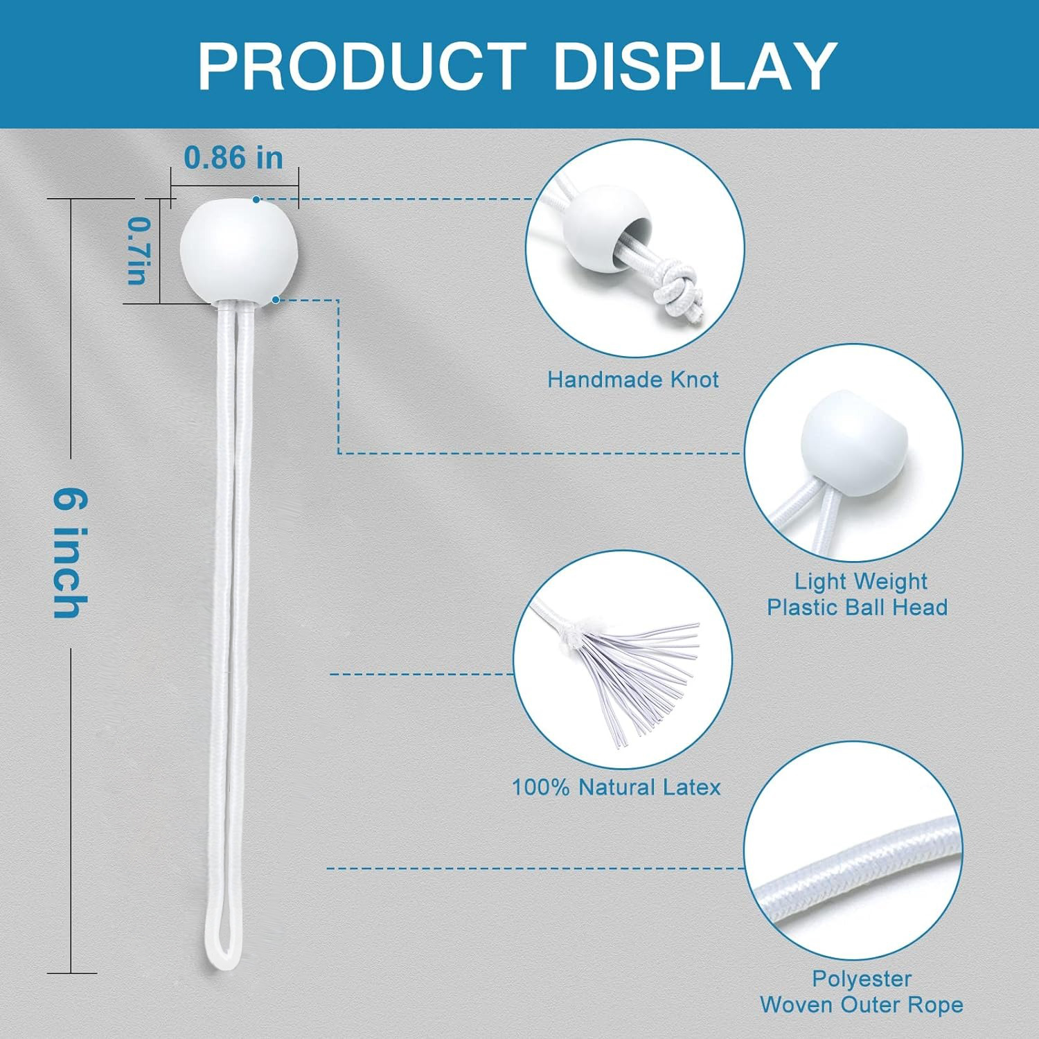 Ball Bungee Cords 6 Inch,50 PCS White Tarp Ball Bungee Ties Heavy Duty Canopy Tie Downs for Camping,Tent Poles with UV Resistant