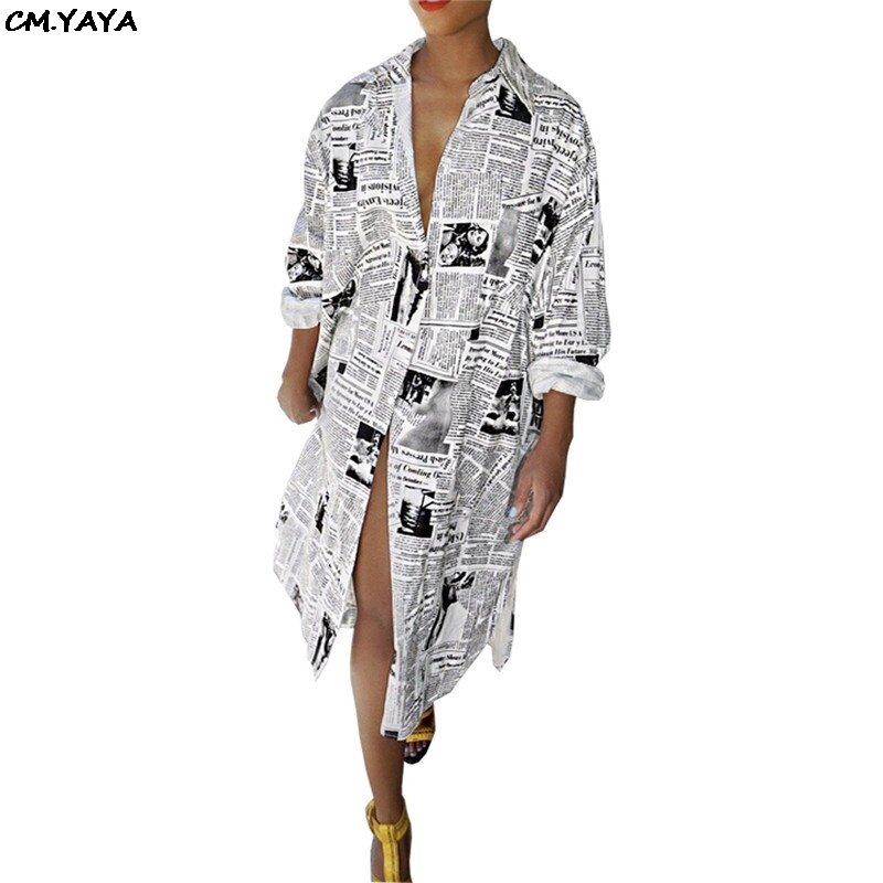 Vrouwen Zomer Brief Krant Print Button Up Lange Mouwen Mid Calf Lengte Dres Blouse Shirt Mode Jurken 2 Kleur LKE8017