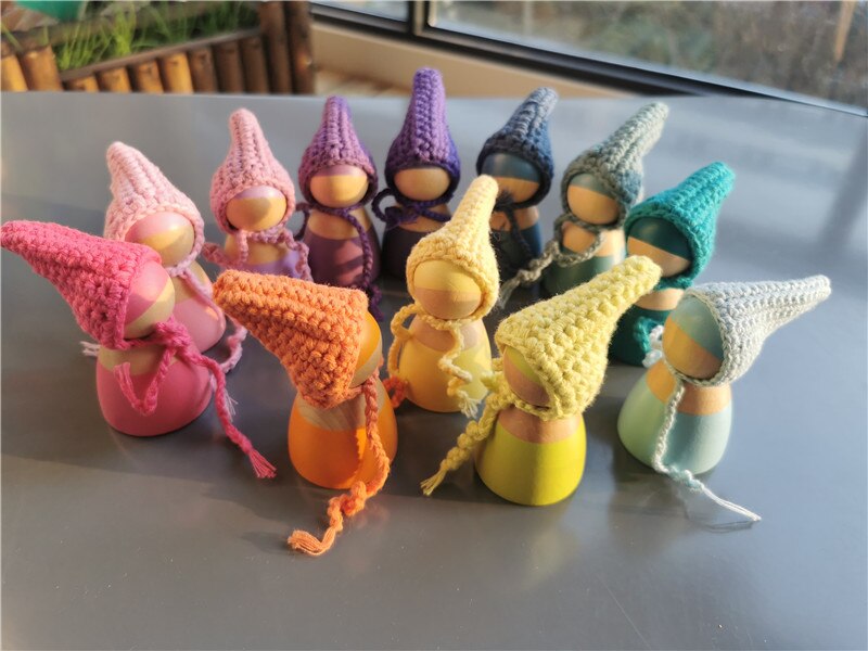 6/12 stücke Häkeln Holz Regenbogen Puppen in Beanies für Pastell Stapelbar Blöcke Holz Natürliche Puppe in Stricken Hut montessori Spielzeug: pastel 12 with doll