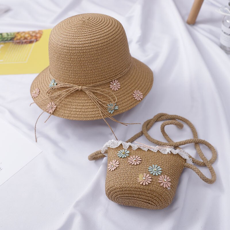 Newest 2pcs Girl Kids Beach Bucket Breathable Cap Straw Sun Hat+Shoulder Handbag Bag US: Brown