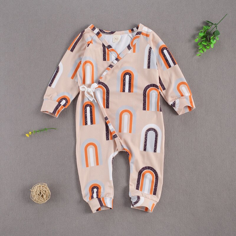 Lioraitiin 0-24m bebê recém-nascido menina moda macacão manga longa arco-íris impresso v-neck macacão outfti 2 estilos