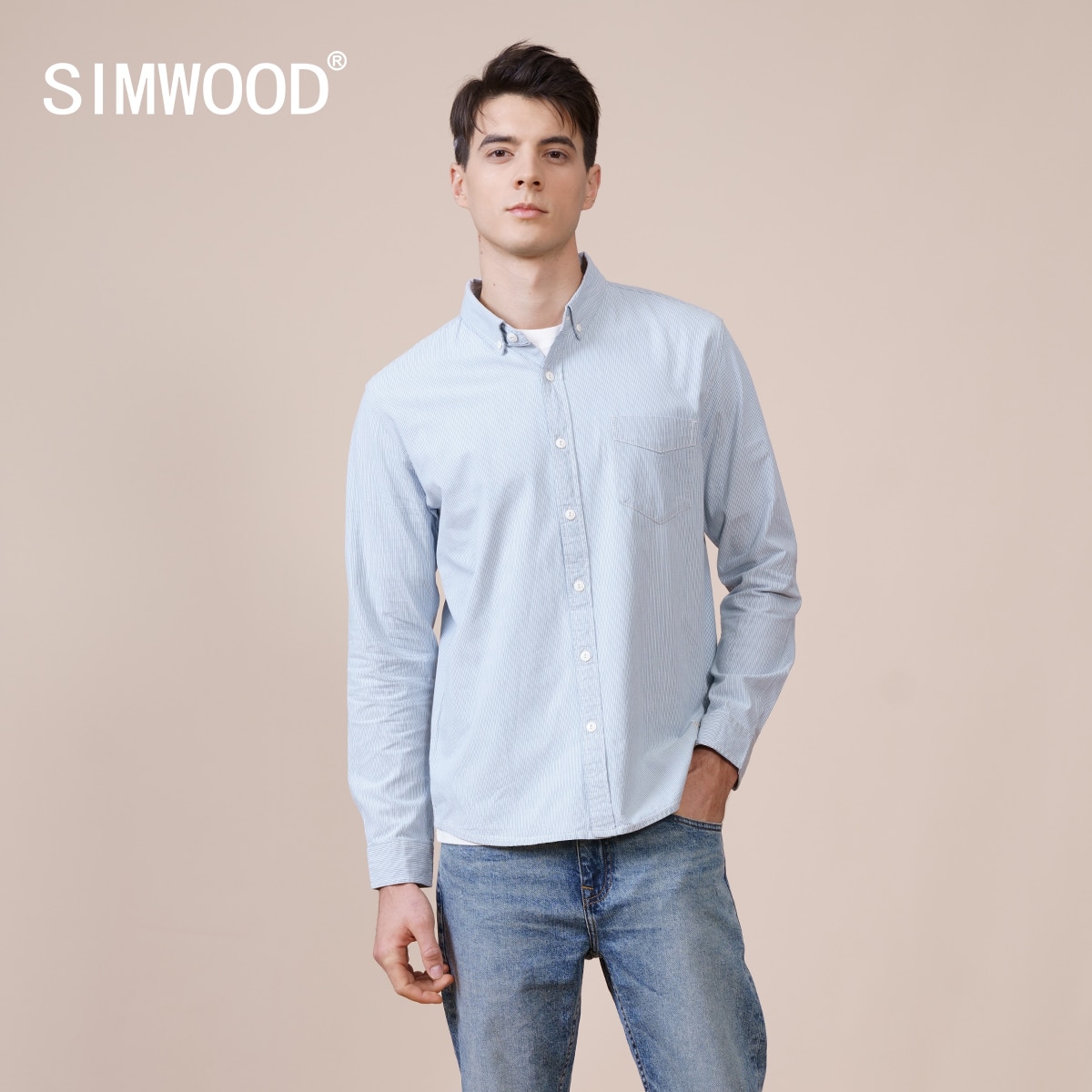 SIMWOOD Spring Slim-Fit Pinstriped 100% Cotton Shirt Men Garment Washed Casual Shirts Brand Clothing