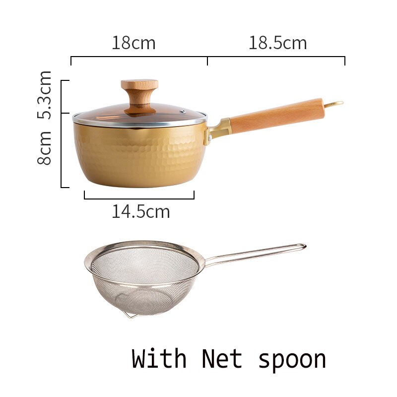 Friteuse Golden Non-stick Sneeuw Pan Baby Koekenpan Instant Noodle Melk Fornuis Met Fluitje Gas Fornuis Soep pot Kookgerei: 18cm with net spoon