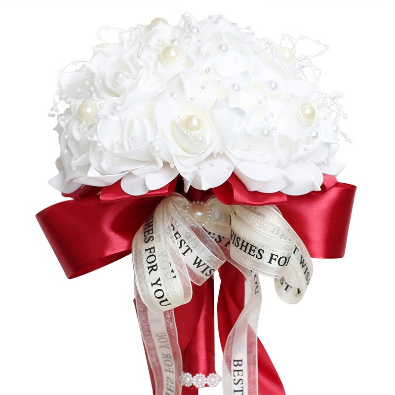 Fleur Rose PE Bouquet demoiselle d'honneur tenant des fleurs mariée ruban De soie Bouquets De Mariage mousse Rose avec perle fête De Mariage W205: white wine