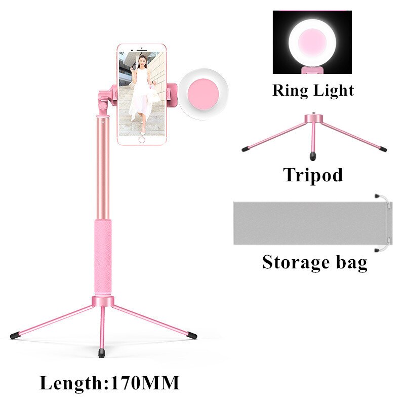 Selfie Stick LED Ring light Extendable live Tripod 1.7m Stand 4 in 1 With Monopod Phone Mount for iPhone X 8 Android smartphone: 1.7M Pink Yes Light