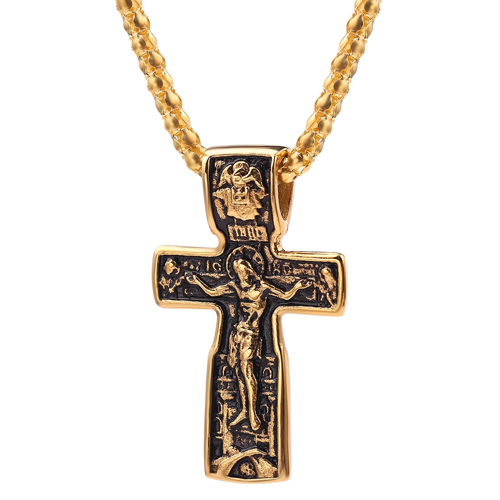 Mannelijke Christian Cross Hanger Religie Ketting Twee Dubbele Figuur Orthodoxe Religie Grote Hanger Lange Chain Gold Sieraden