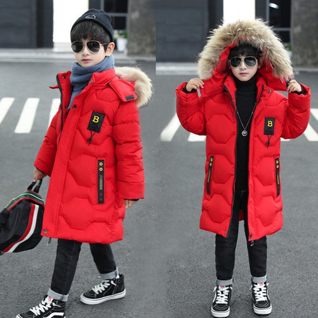 Giacca invernale in poliestere per ragazzo nuovo 2021 mantenere caldo cappotto ispessimento collo di pelliccia con cappuccio abbigliamento Casual per bambini di media lunghezza: Rosso / 6T