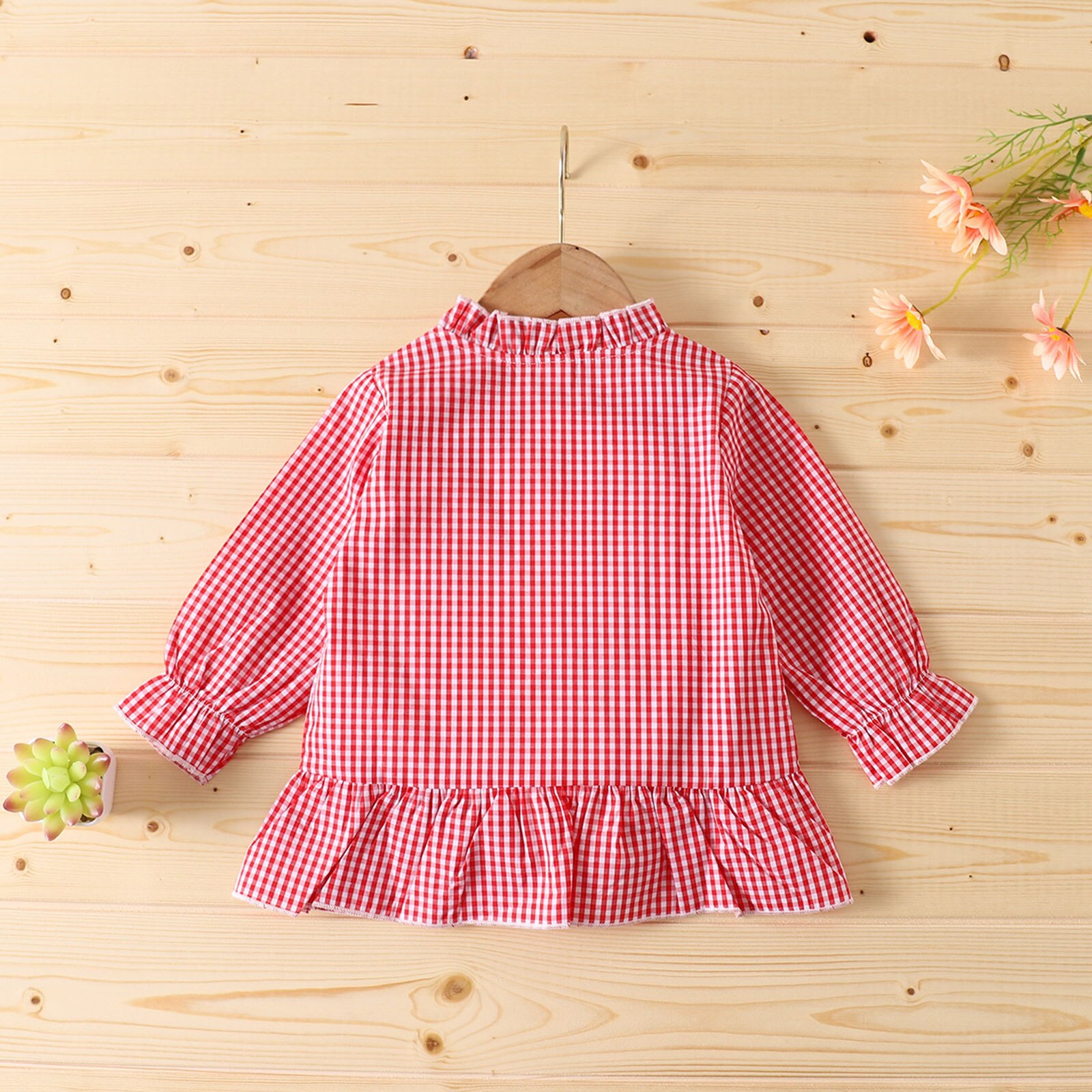 Baby Girls Blouse Autumn Cute Long Sleeves Red Check Pattern Baby Clothes O-Neck Bottoming Shirt Cotton Children Clothing