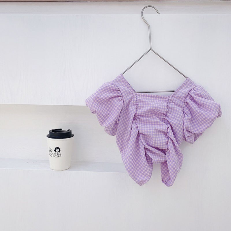 Zomermeisjes blouse baby shirt kinder topjes kinderkleding paars geruit geplooid gerimpeld pofmouw 1 to 9 jaar: Lavendel / 2t